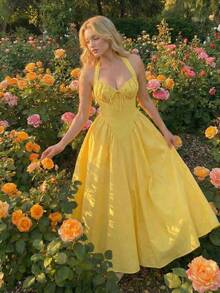 SHEIN MOD Vestido de mujer talla grande con cuello halter, fruncido y lazo, vestido de fiesta de color amarillo para mujeres, vestido de baile de máscaras, vestido de cumpleaños para mujeres, vestido sexy amarillo, vestido con lazo - Amarillo - Ver 6