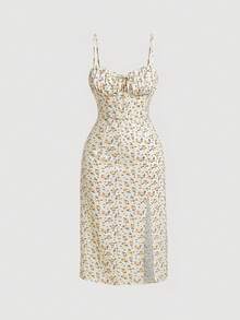 SHEIN MOD Plus Size Ditsy Floral Print Strappy Dress, Summer - Yellow - View 2