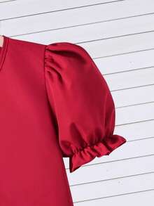 SHEIN 2pcs Tween Girl Print Petal Sleeve Shirt + Asymmetric Button Skirt Set, Comfortable Spring/Summer Holiday Outfit - Burgundy - View 5