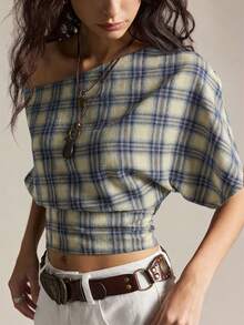 2026 Blusa casual holgada de manga de murciélago a cuadros para mujer, blusa asimétrica de hombro a cuadros, blusas de manga corta retro en múltiples colores - Multicolor - Ver 5