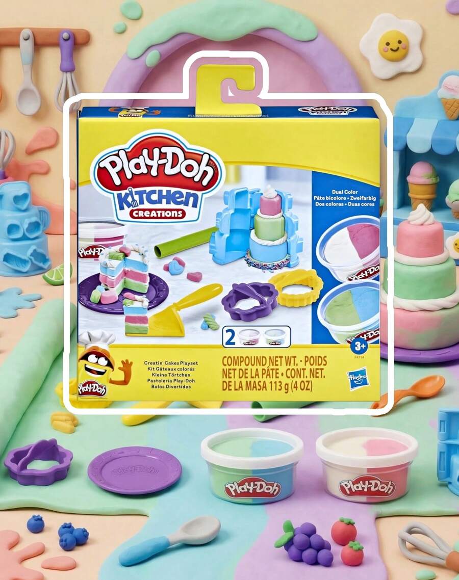 Hasbro 橡皮泥套装，课堂趣味烘焙蛋糕套装，包含蛋糕模具、说明书、擀面杖、切模和烤盘，轻松制作，室内游戏，适合3岁以上儿童，派对礼品 - 彩色 - 查看 1