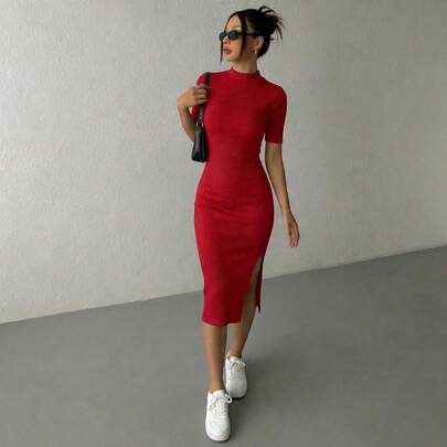 Vestido casual de mujer, mangas medianas, cuello alto, abertura en la pierna, cómodo, té por la tarde, playa, fiesta, festival de música,Ropa de punto para mujer, vestido