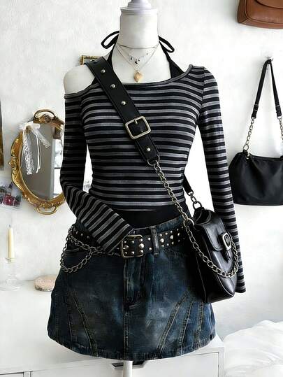 Lalippa Camiseta de manga larga con cordones para mujer, estampado digital a rayas en negro y gris