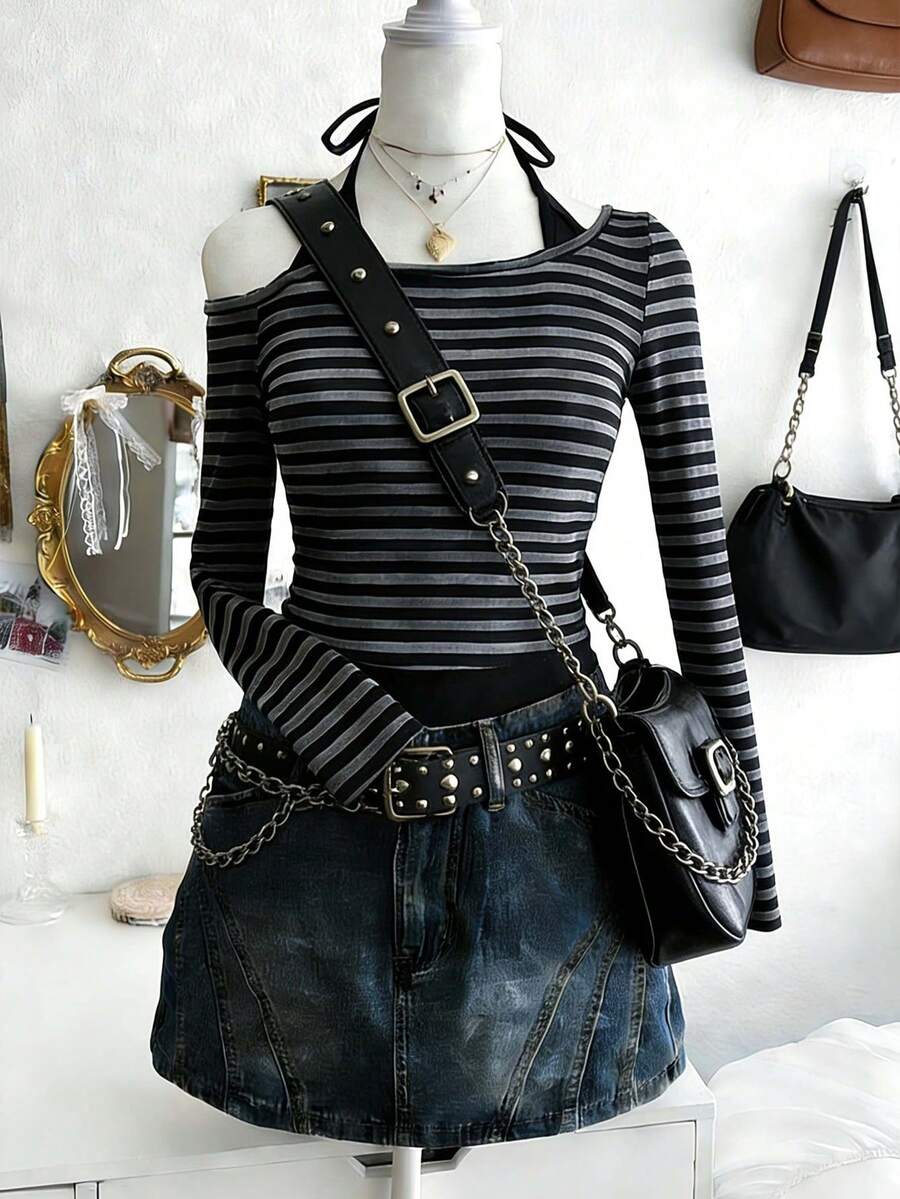 Lalippa 女士系带长袖T恤，黑灰条纹数码印花 - 黑色 - 查看 1