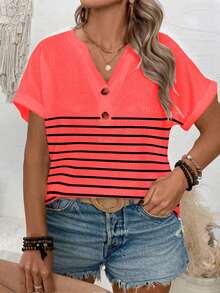 EMERY ROSE Model Terbaru Kaos Wanita Ukuran Plus Bergaris Leher V Kancing Lengan Pendek Longgar - Watermelon Pink - View 4