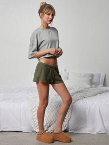 WESTFADE Mid Rise Drawstring Waist Textured Waffle Knit Lounge Short Spring, Summer, Festival, Stagecoach, Coachella, Boho, Cute, Casual, Country Concert Outfit, Nashville, Rodeo, Western Wear For Women, Vacation, Beach, 4th Of July Outfit - Dark Green - View 10