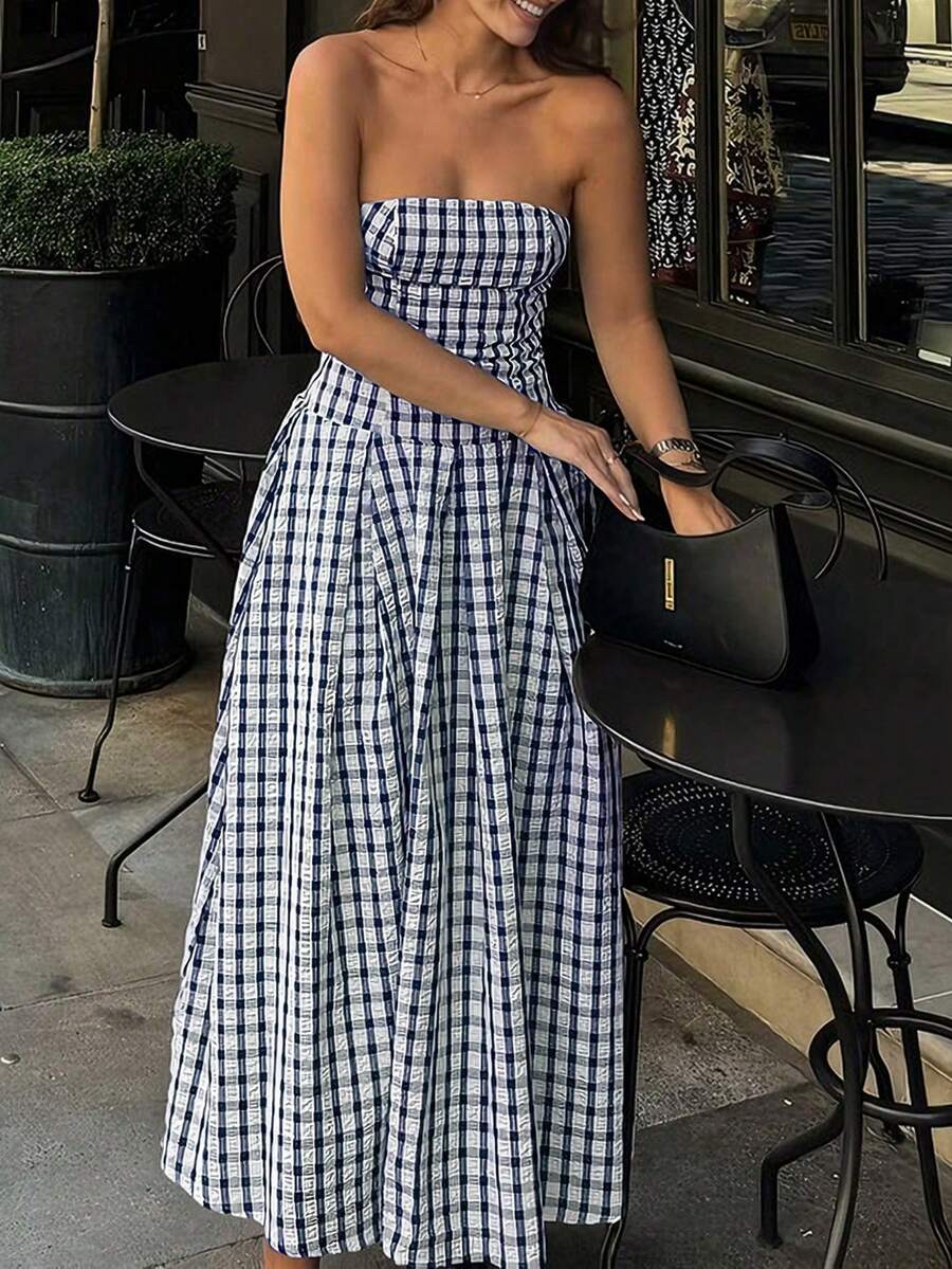INAWLY 女士格子抹胸休闲派对中长连衣裙 - 寶藍色 - 查看 1