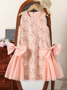Tween-Mädchen Kleid, 1 Stück, Sommerkleid mit 3D-Saum, großer Schmetterling Applikation, ärmellos, knielang, geeignet für den Alltag, Einkaufen, Partys und andere Anlässe - Babypink - Übersicht 3