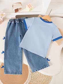 SHEIN Genkimix Kids 女童夏季新款休闲拼接领英文字母蝴蝶结印花T恤和松紧腰直筒牛仔裤两件套 - 淺藍色 - 查看 2
