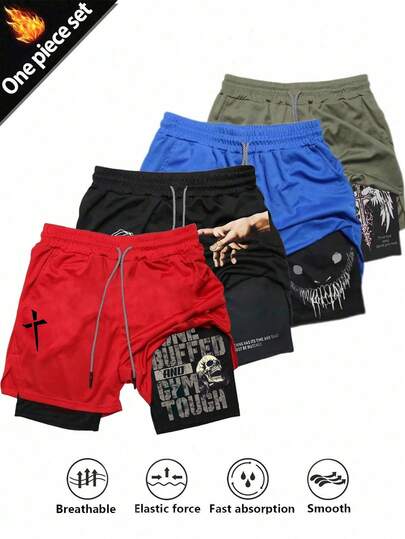 Manfinity Sport Corelite Pantalones cortos deportivos casuales para hombres con estampado de letras y cintura con cordón, para verano