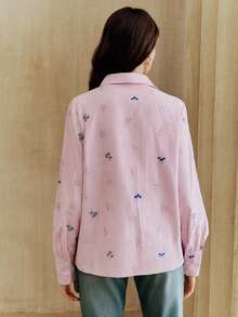 Anewsta Elegant Embroidered Design Pink Striped Casual Blouse For Women, Versatile Floral Work, Suitable For Spring To Summer - Pink - View 7