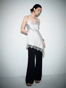 Lumivelle Women's New Arrival Spaghetti Strap Dress, Women's Pique Dress, Lace Patchwork Dress, Women's Spaghetti Strap V-Neck Dress, Asymmetric Hem Dress, Women's Elegant Date Dress, Women's Party Dress, Women's Wedding Guest Dress, Women's Fashion Street Style Dress, Sexy V-Neck Satin Pique Waist A-Line Lace Patchwork Elegant Romantic Dress - Silver - View 3