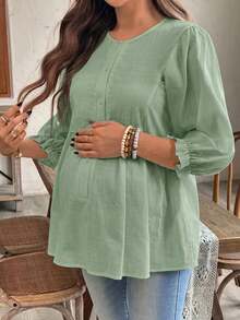 SHEIN Áo sơ mi bầu màu trơn cổ tròn tay lửng 3/4 cài một hàng khuy kiểu dáng thường ngày - Màu xanh Bạc hà - Xem 3