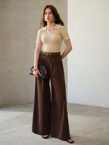 MOTF PREMIUM 女士镂空针织短袖T恤，夏季新款修身针织上衣 - 杏色 - 查看 5