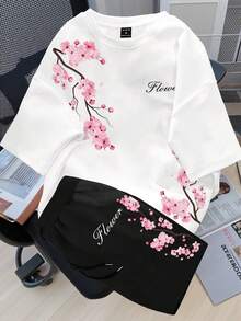 Manfinity Joysei 男士休闲樱花印花T恤短裤套装，夏季 - 彩色 - 查看 3