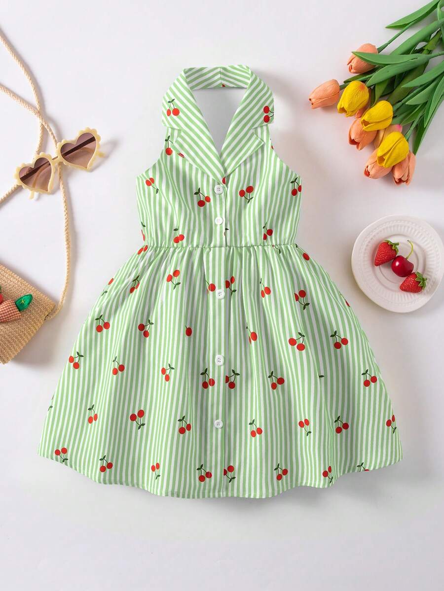 SHEIN Casuvi Kids Đầm mùa hè thời trang mới cho bé gái, cổ polo, hở lưng, thắt eo, kiểu dáng ngọt ngào, thích hợp cho kỳ nghỉ, đầm dự tiệc cho bé gái. - màu xanh lá - Xem 1