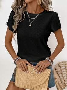 SHEIN LUNE Áo thun nữ tay ngắn cổ tròn màu trơn dáng casual - màu đen - Xem 5