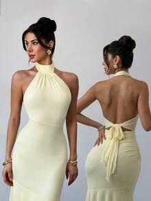 Firerie 女士优雅浪漫情人节约会派对度假飘逸长款雪纺连衣裙 - 淡黃色 - 查看 2