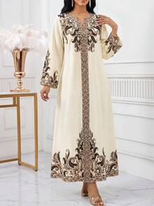 SHEIN Lady 女士优雅佩斯利印花宽松度假连衣裙，翻领设计，适合春秋季穿着 - 彩色 - 查看 3