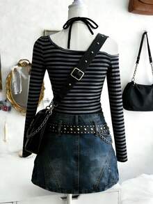 Lalippa 女士系带长袖T恤，黑灰条纹数码印花 - 黑色 - 查看 2