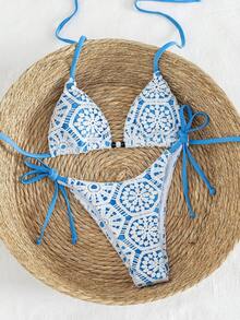 Bonvoyette Nuevo conjunto de bikini de 2 piezas de lujo y elegante Swim Vcay, con encaje de ganchillo blanco y triángulo caramelo/marrón.Top de natación con cuello de halter y acentos de cuentas de madera, tanga sexy de corte alto para traje de baño/bañador de verano, playa, piscina, vacaciones, estilo retro Y2K Spice Hot Girl, festival de música, salidas a la tropical, vacaciones en la isla costera y vibraciones modernas - Azul - Ver 4
