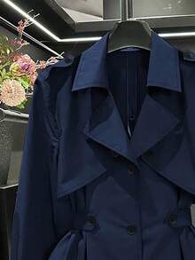 SHEIN Franclia Women's Fashionable Casual Waist Cinched Trench Coat - Navy Blue - View 5
