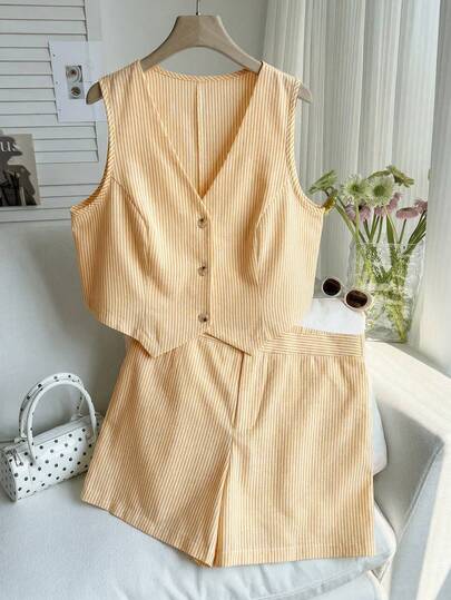Comfortcana Plus Size Summer Casual Striped Vest Shorts Set Graduation,Back To School,Teacher Outfits For Women In Fall/Winter