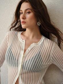 MOTF PREMIUM WOMEN'S FRONT BUTTON RIBBED KNIT SHEER CARDIGAN - White - View 2