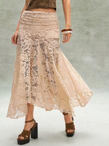 Bohemela Chân váy nữ dáng rộng, màu trơn, chất liệu dệt kim ren, vạt bất đối xứng. - Màu be - Xem 6