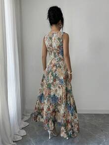 Elenzga 女士夏季方领印花吊带连衣裙，收腰A字飘逸连衣裙，适合日常外出和度假穿着 - 彩色 - 查看 2