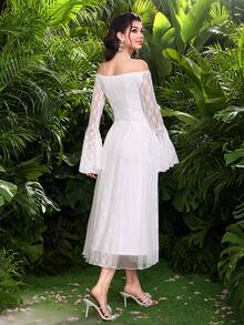 Modelyn French White Lace Off-Shoulder Long Sleeve Mesh Flared Dress - Pearl White - View 2