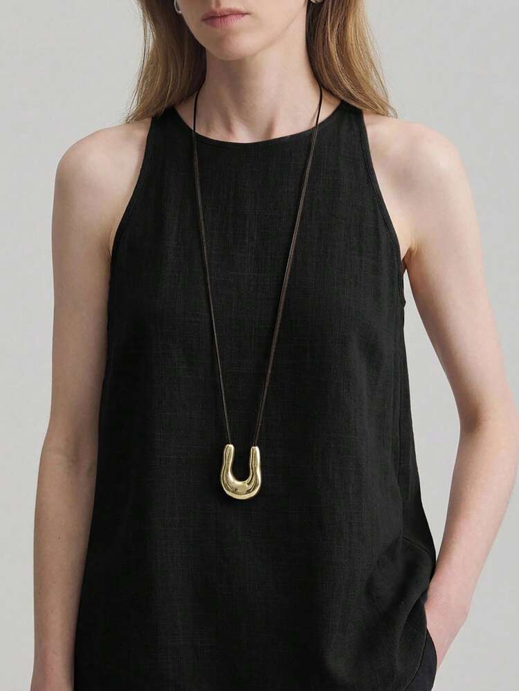 2026SS New Summer Women's Solid Color Comfortable Casual Style Round Neck Hollow Out Sleeveless Linen Material Tank Top, Suitable For Urban Commute, Business Casual, Holiday, Wedding Guest, Party, Beach Vacation