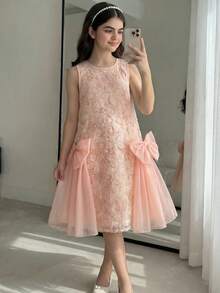 Tween-Mädchen Kleid, 1 Stück, Sommerkleid mit 3D-Saum, großer Schmetterling Applikation, ärmellos, knielang, geeignet für den Alltag, Einkaufen, Partys und andere Anlässe - Babypink - Übersicht 1
