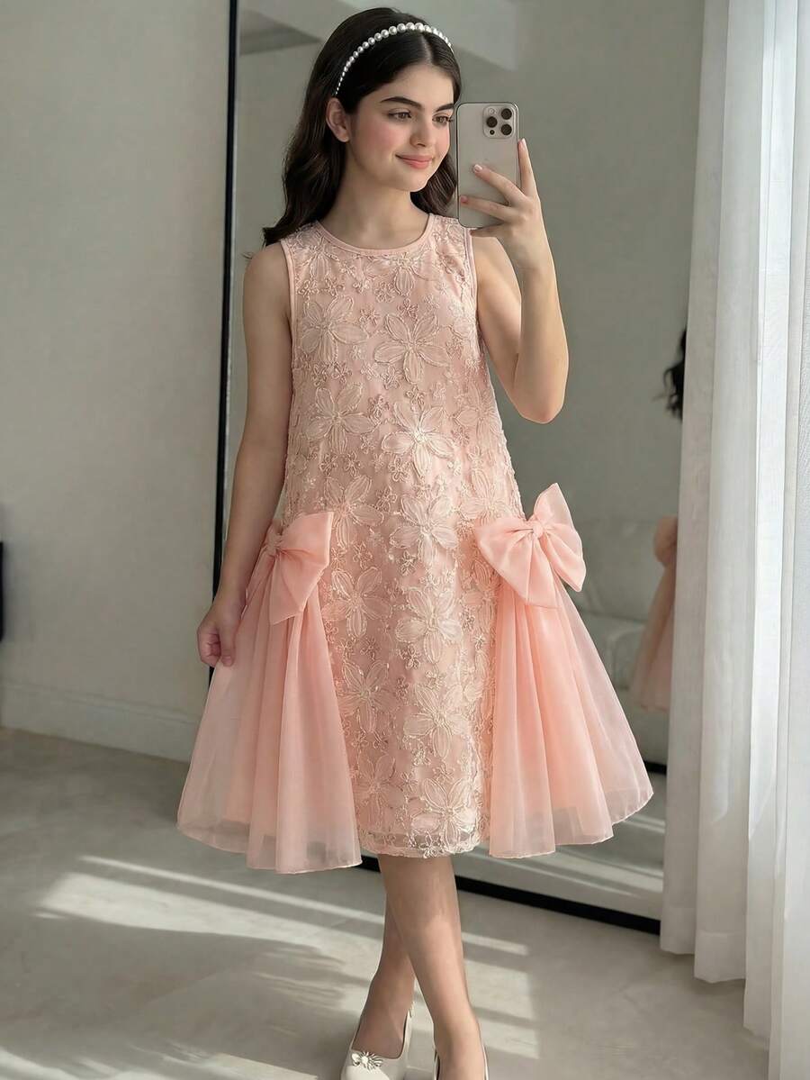 Tween-Mädchen Kleid, 1 Stück, Sommerkleid mit 3D-Saum, großer Schmetterling Applikation, ärmellos, knielang, geeignet für den Alltag, Einkaufen, Partys und andere Anlässe - Babypink - Übersicht 1