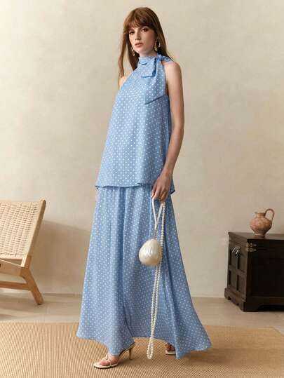 Arave Women's Chiffon Polka Dot Print French Style Vacation Sleeveless Halter Neck Top And Skirt 2pcs Set For Women,Polka Dot Dress,Vacation Outfit For Women,Apricot Two Pisces Set,Co Ords Sets Women