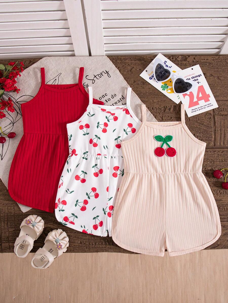 SHEIN Elladie kids 3件套女婴夏季新款简约无袖针织罗纹面料樱桃印花3D刺绣樱桃可爱时尚百搭日常休闲连体短裤 - 彩色 - 查看 1