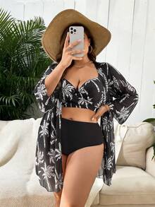 Swim Lushoire Bộ bikini và quần tam giác dáng rộng in hình cây dừa dành cho nữ cỡ lớn, thích hợp mặc đi biển mùa hè, kèm áo choàng. - Nhiều màu - Xem 1