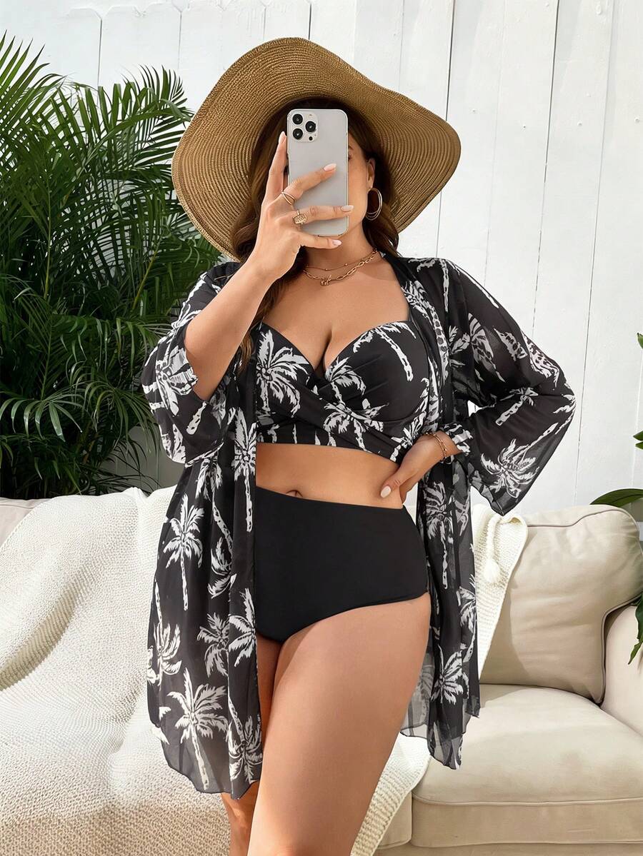 Swim Lushoire Bộ bikini và quần tam giác dáng rộng in hình cây dừa dành cho nữ cỡ lớn, thích hợp mặc đi biển mùa hè, kèm áo choàng. - Nhiều màu - Xem 1