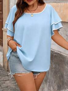 SHEIN CURVE+ Áo sơ mi nữ cỡ lớn kiểu dáng thường ngày với viền tương phản - Màu xanh nhạt - Xem 1