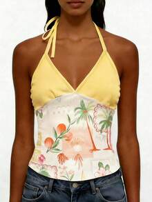 Glimmora Women's Floral Print Color Block Spaghetti Strap Backless Camisole - White - View 3