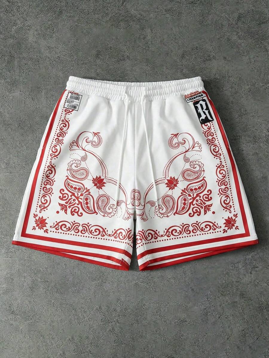 ROMWE MEN 男士休闲宽松抽绳腰带腰果印花短裤 - 米色 - 查看 1