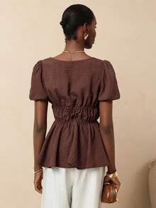 Vesra Square Neck Petal Sleeve Ruched Textured Ruched Hem Women Blouse - Brown - View 2
