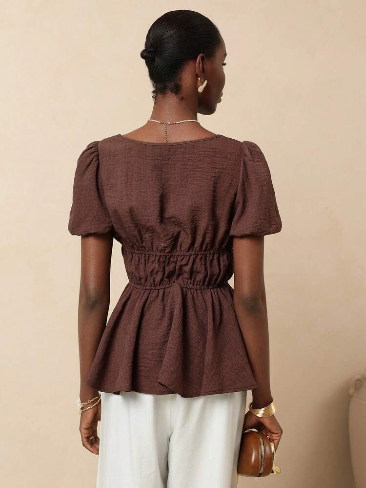 Vesra Square Neck Petal Sleeve Ruched Textured Ruched Hem Women Blouse - Brown - View 2