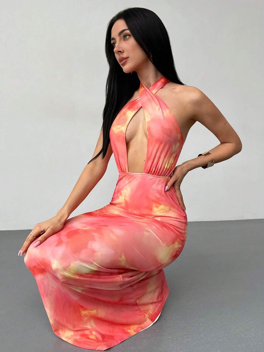 Aloruh 春夏新款优雅浪漫度假情人节婚礼露背蝴蝶结深V领橙色渐变印花紧身长裙，渐变印花长裙，沙滩度假长裙，性感度假长裙，粉橙印花长裙 - 橘色 - 查看 1