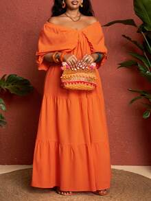 SHEIN CURVE+ Curve 尺码 US22 音乐节、海滨度假、波西米亚风 V 领连衣裙，适合夏季假期，橙色波西米亚风度假 - 橘色 - 查看 1