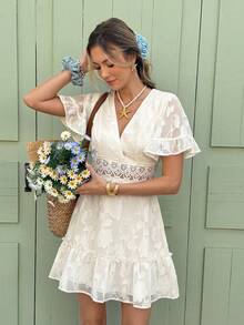 Serisse Women Elegant Holiday Casual Solid Color  V-Neck Ruffle Sleeve Cut Flower Chiffon Casual Dress With Lace Embroidery And A-Line Hem,Vacation Style,Jacquard Textured Babydoll Dress,Romantic Jacquard Flower Summer Dress,Ruffled Dress,Summer Dresses For Women Vacation Outfits Woman Beach Outfits For Woman Dresses For Women Elegant  Business Casual Woman,Casual Dresses For Women Summer Vacation Outfits Wedding Guest Dress For Women Carnival Dress - Apricot - View 7