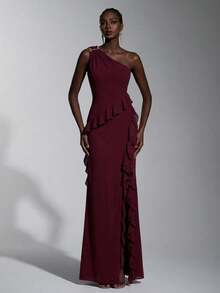 Elitara Old Rose Summer Elegant Formal Event Prom Wedding Chestnut Chiffon Asymmetrical Shoulder Metal Buckle Ruffle Hem Front Slit A-Line Party Dress - Maroon - View 7