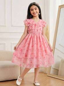 Glamorique Kids Đầm hoa dáng lệch vạt cho bé gái, phong cách Pháp ngọt ngào, mốt thời trang mùa hè mới cho tuổi teen. - Hồng - Xem 6