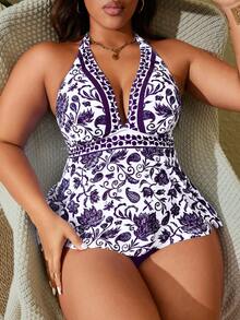 Swim Lushoire Plus Size 2pcs Multicolor Printed Spaghetti Strap Backless Bikini Set - Purple - View 6
