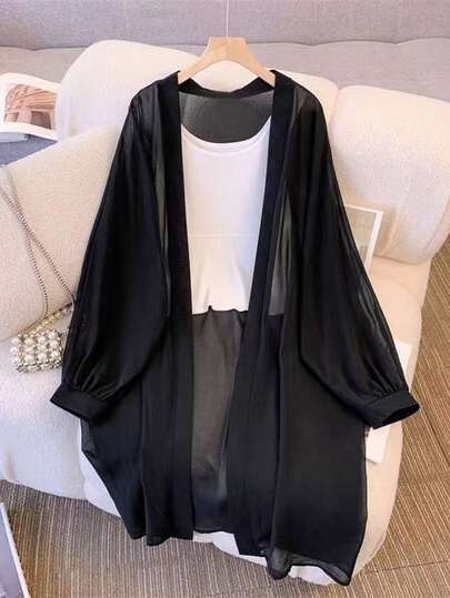 Resyla Áo khoác cardigan dáng rộng bằng chiffon nhẹ, kiểu dáng dài ngang gối, dành cho nữ, cỡ lớn.